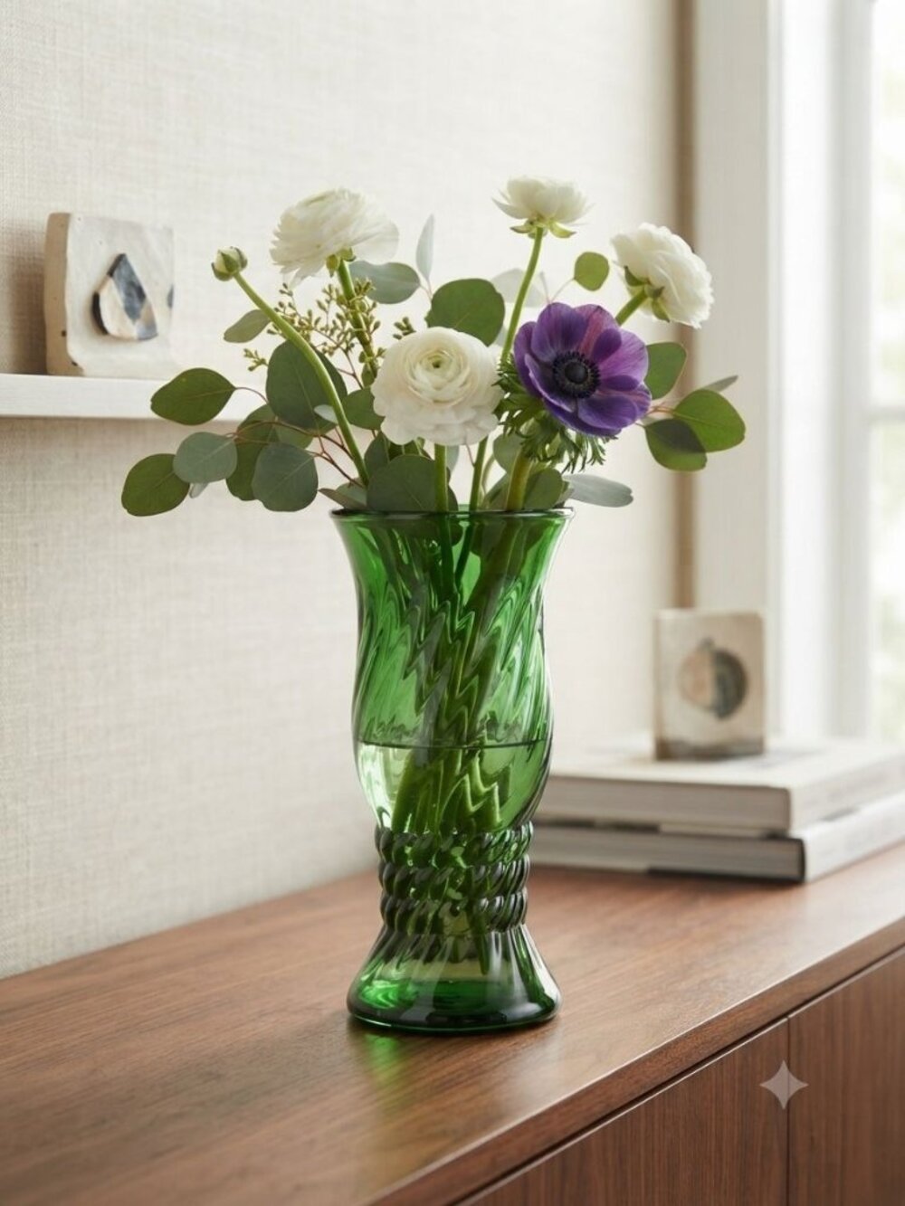 Vintage EO Brody Green Glass Vase Spiral Swirl Diamond Base G106 Florist Vase